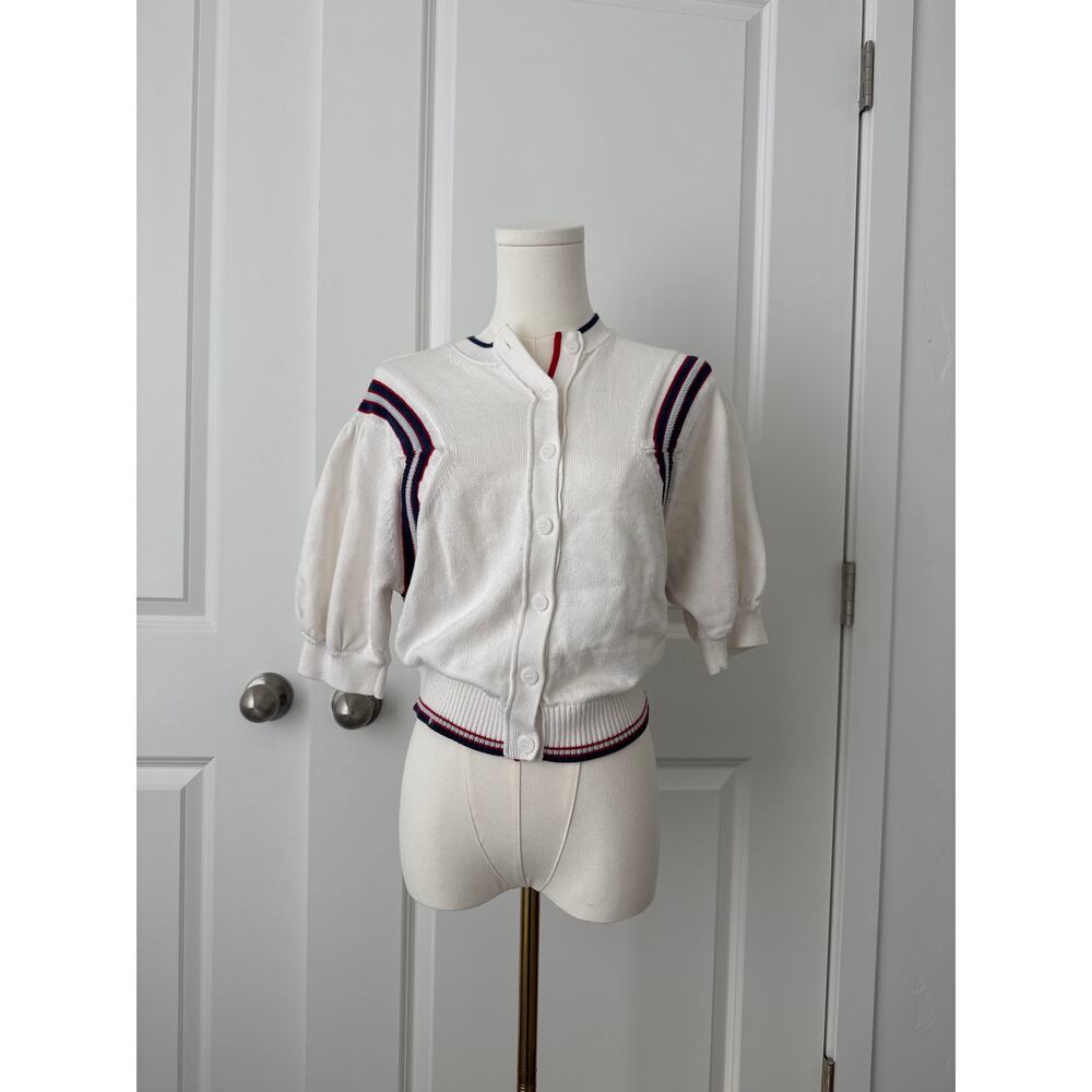 Maeve Puff Sleeve Inset Graphic Cardigan Sweater Preppy Old Money Tenniscore